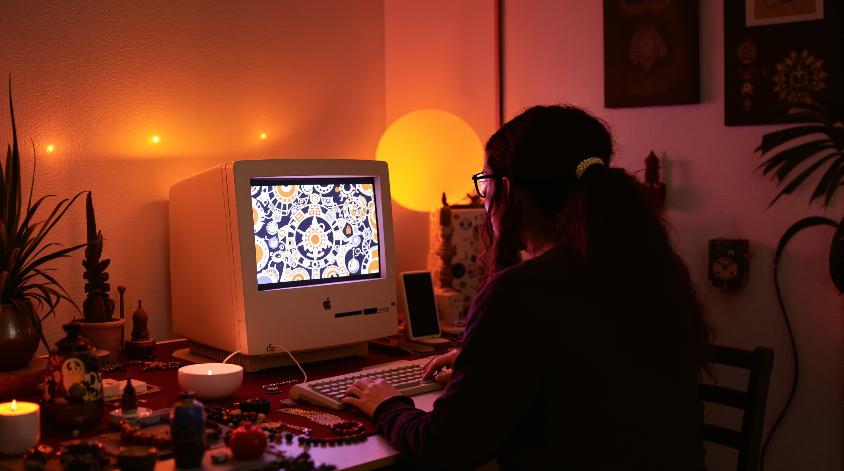 Digital artist at work on an early personal computer, creating Indigenous-inspired digital paintings in the 1990s