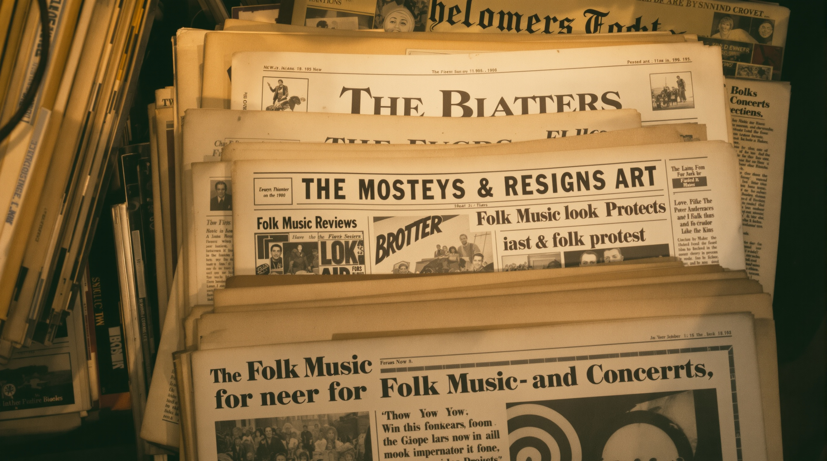 Vintage music publications and newspaper reviews spanning six decades of critical writing about folk music