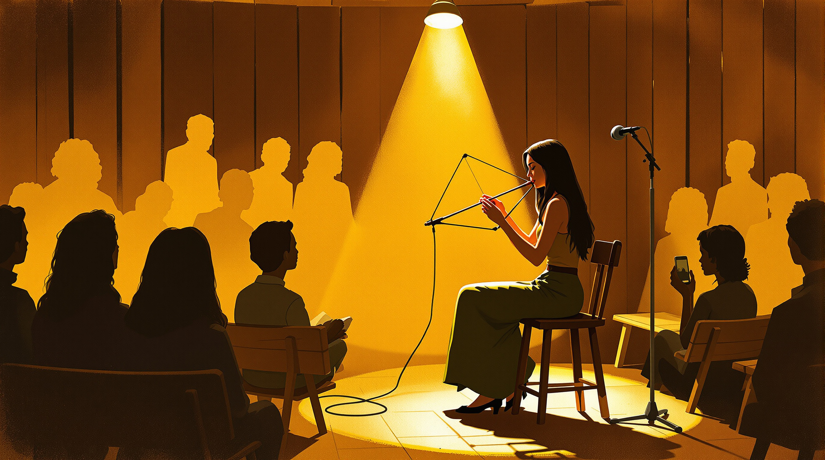 Folk concert stage illustration evoking the 1960s mouthbow revival in folk music clubs