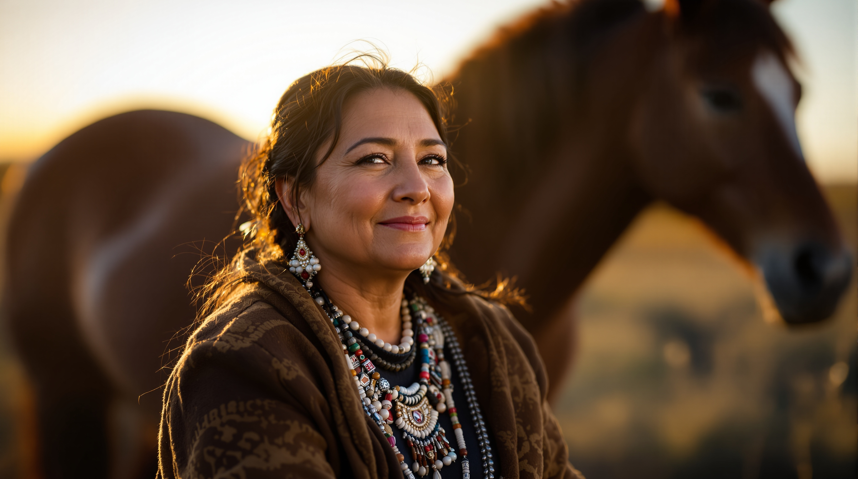Portrait of Buffy Sainte-Marie seated outdoors with a horse in the background