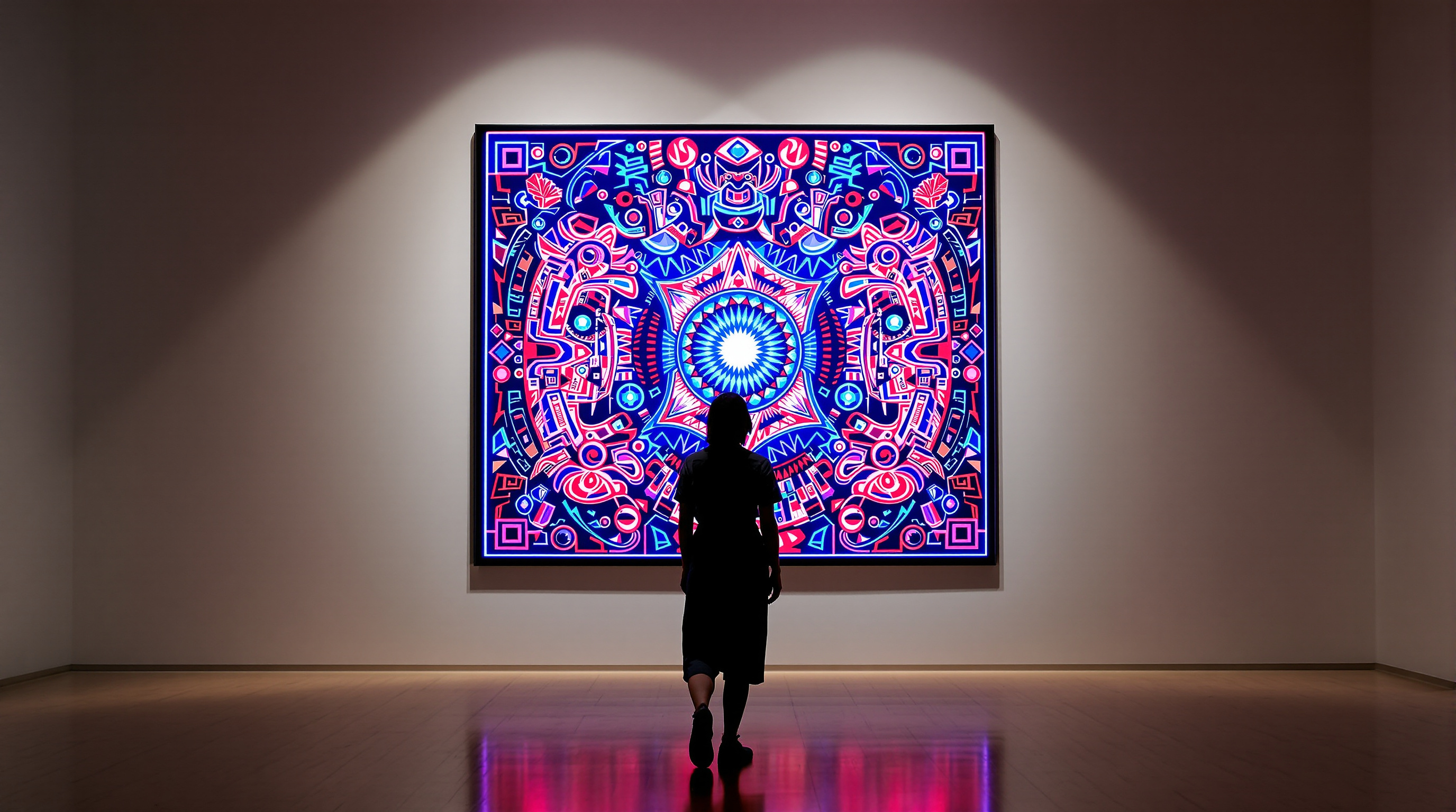 Buffy Sainte-Marie standing in front of her digital painting Elder Brothers